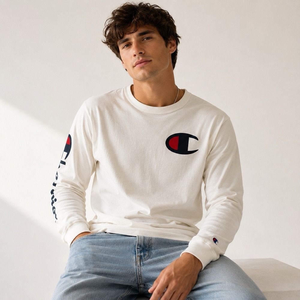 Champion Heritage Mens Small White Long Sleeve Graphic Logo Tee Shirt GT47